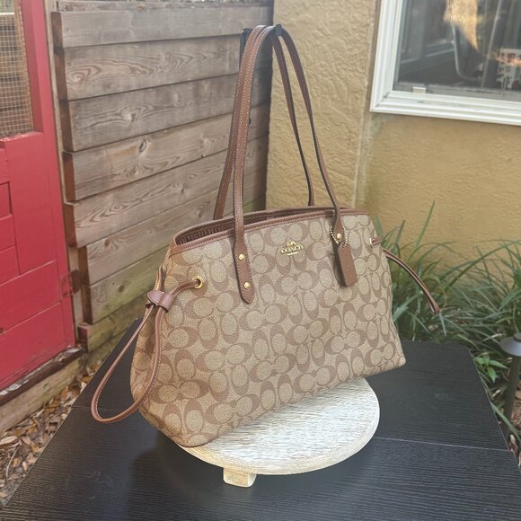 COACH Signature Coated Canvas Leather Drawstring Carryall Women's Tote New - Picture 4 of 15